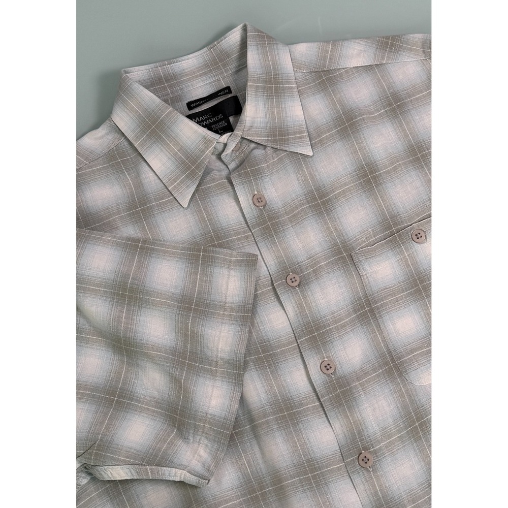 Marc Edwards Washed Linen Shirt Mens L Beige Gray White Plaid DadCore Preppy